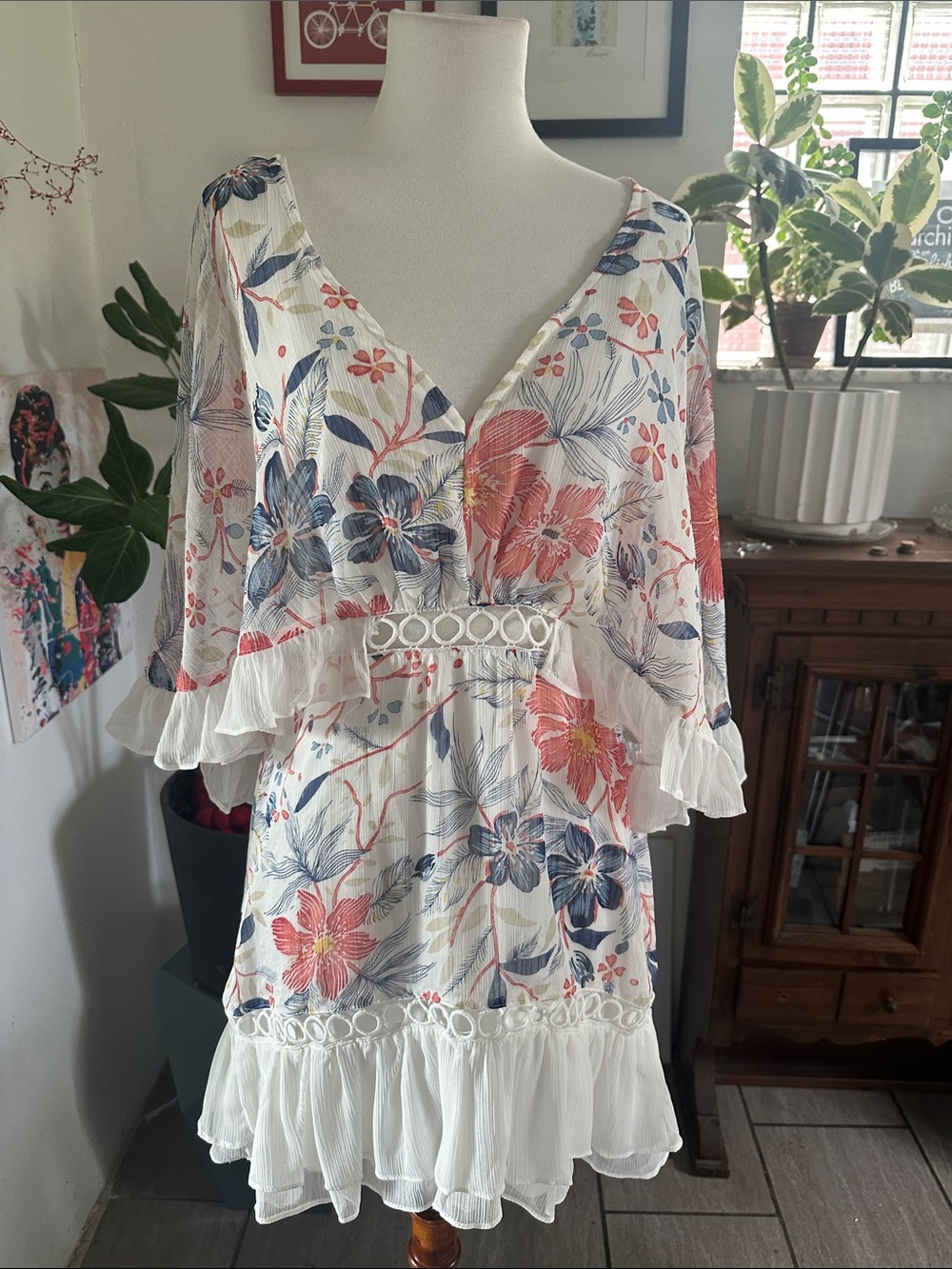 Indikah Floral V-Neck Ruffled Mini Dress in White, Coral & Navy Flowers Medium